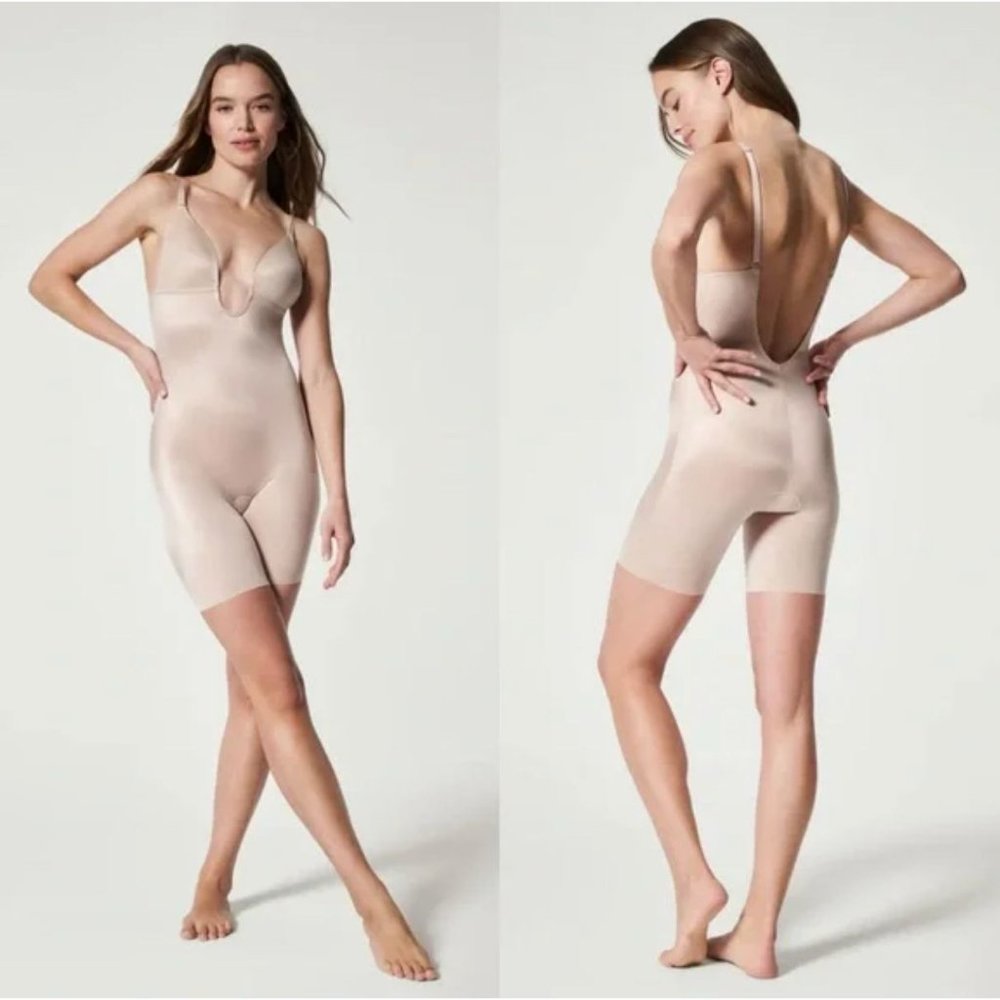 Spanx Suit Your Fancy Plunge Low-Back Mid-Thigh Bodysuit Women's Size Large